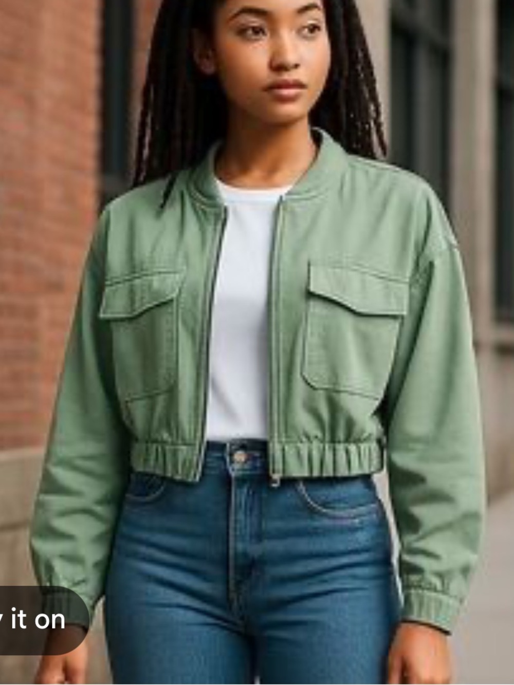 ANWND Light Sage Green Zip-Front Linen Blend Bomber Jacket L